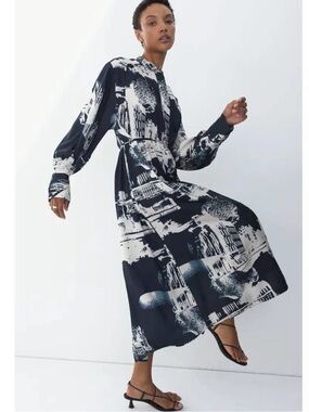NWT H&M Navy and White Satin Printed Belted Shirt Dress, sz. XL